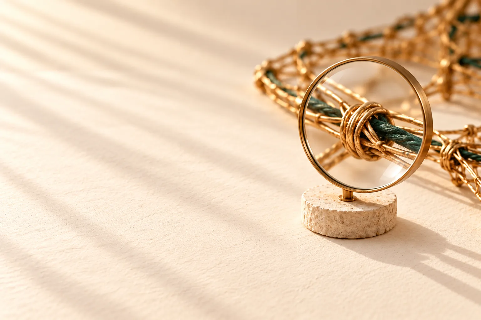One knot of gold wire with a green thread through it, examined through a round lens on a small stone stand, while the woven system it belongs to stays out of focus behind it.