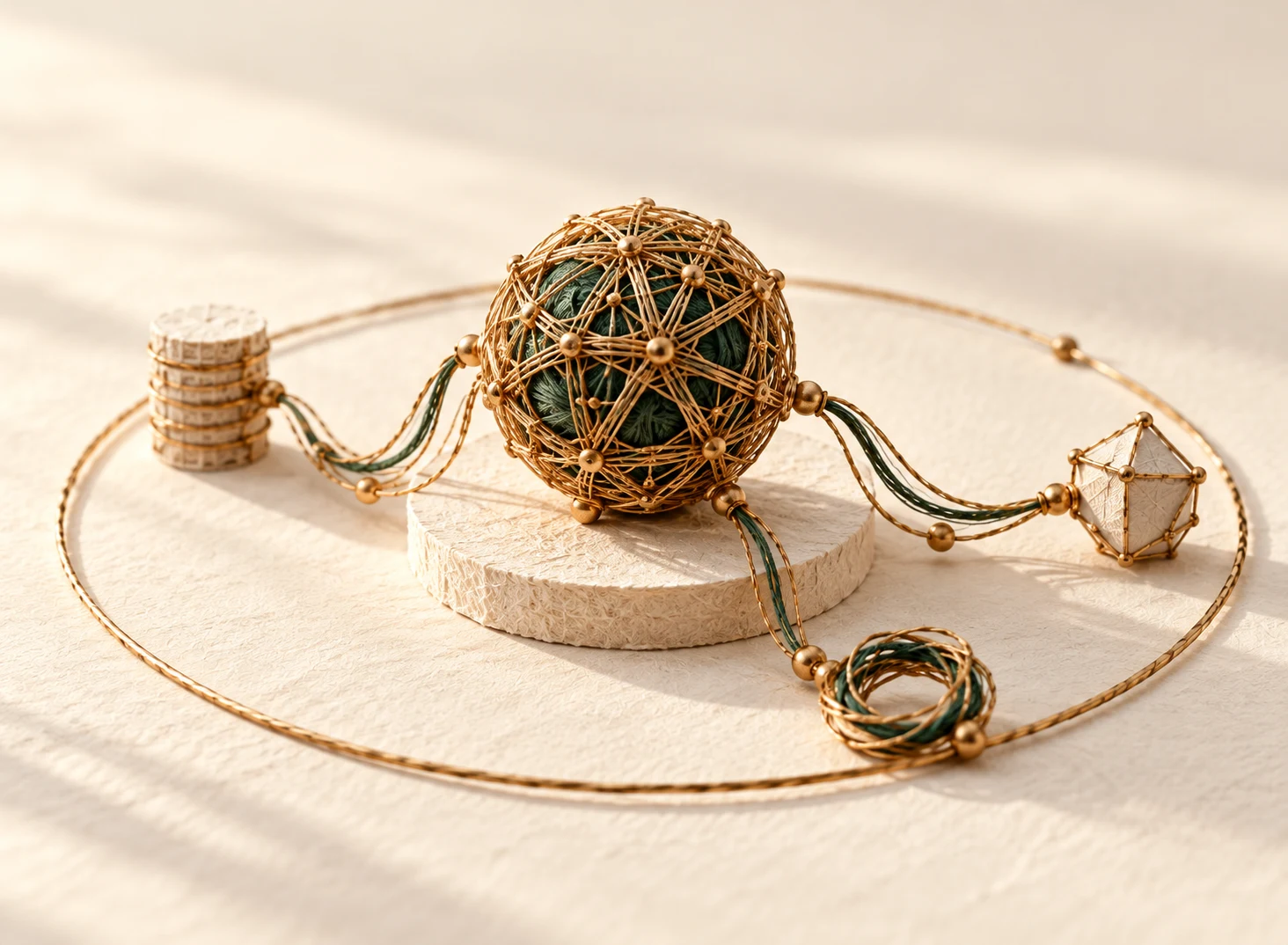 A woven model of a bounded agent: a central structure connected to its tools inside a clear boundary.