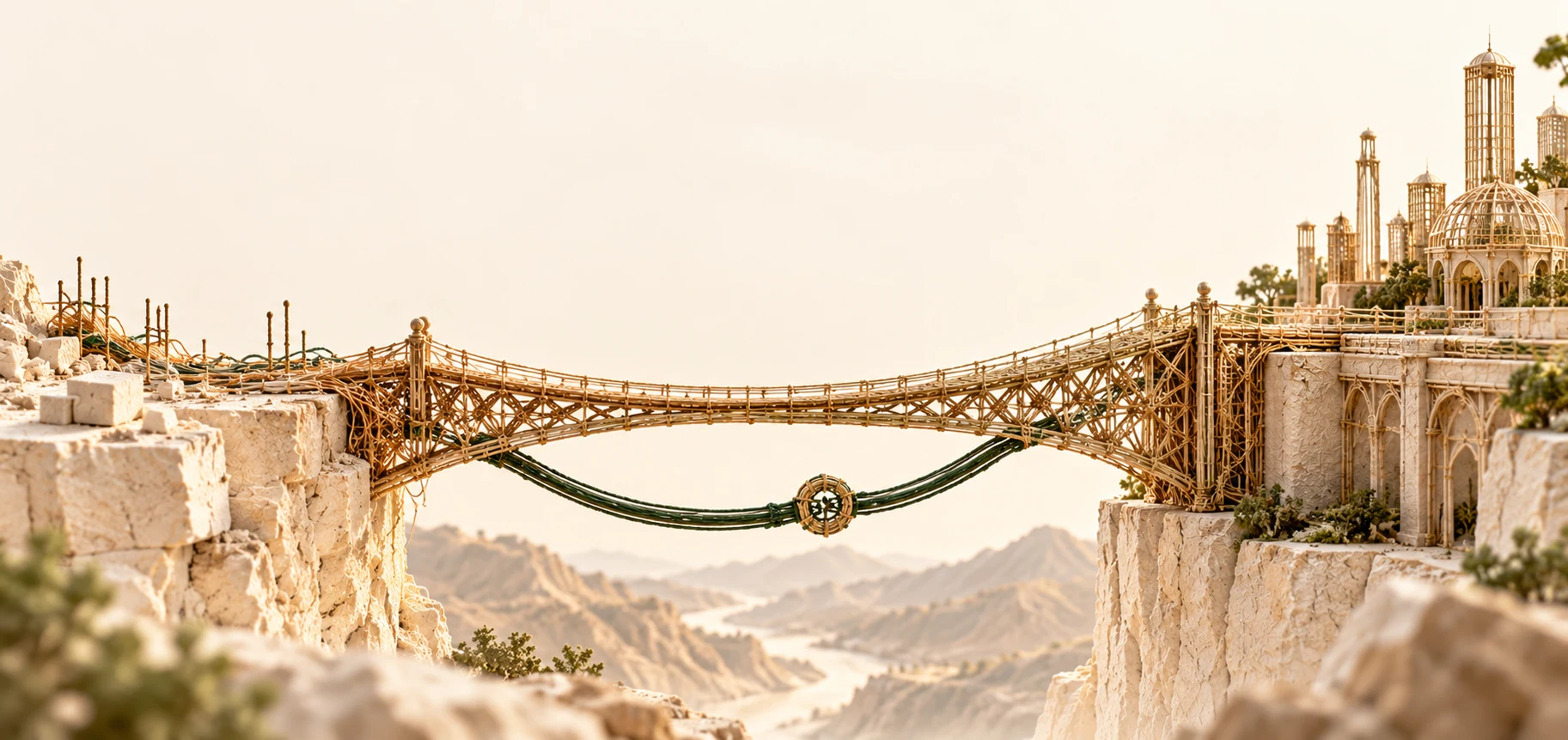 A woven bridge between two stone banks, with a second, lower strand beneath it as a recovery path.