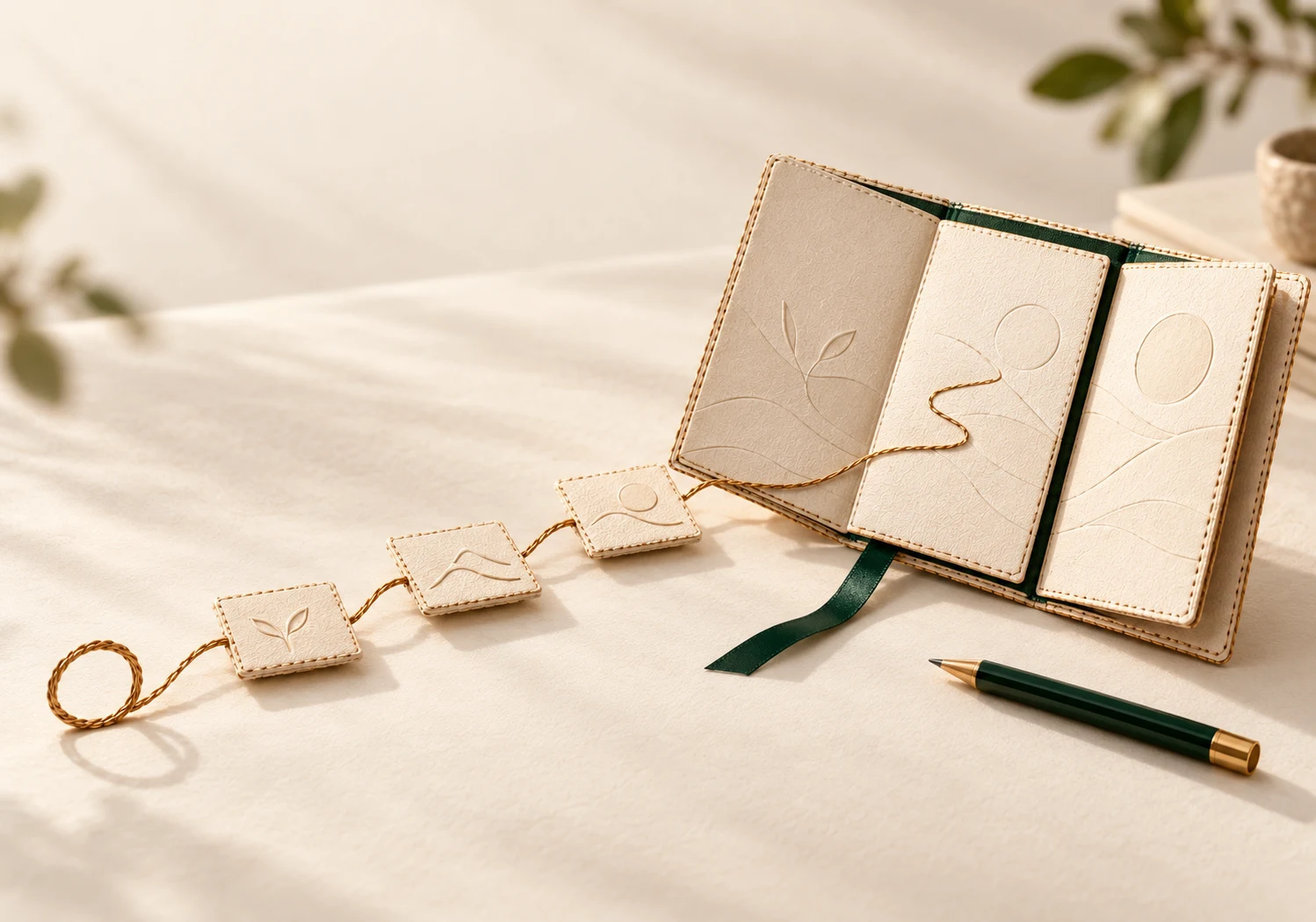 An open planning folio on a desk, with woven threads marking a route through its pages.