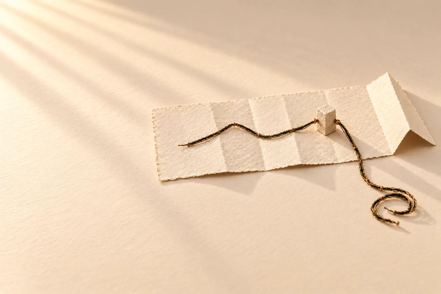 A blank fold-out map with one stone marker as the starting point. One path stays on the map; the other steps off its edge and ends in a loose, unfinished coil.