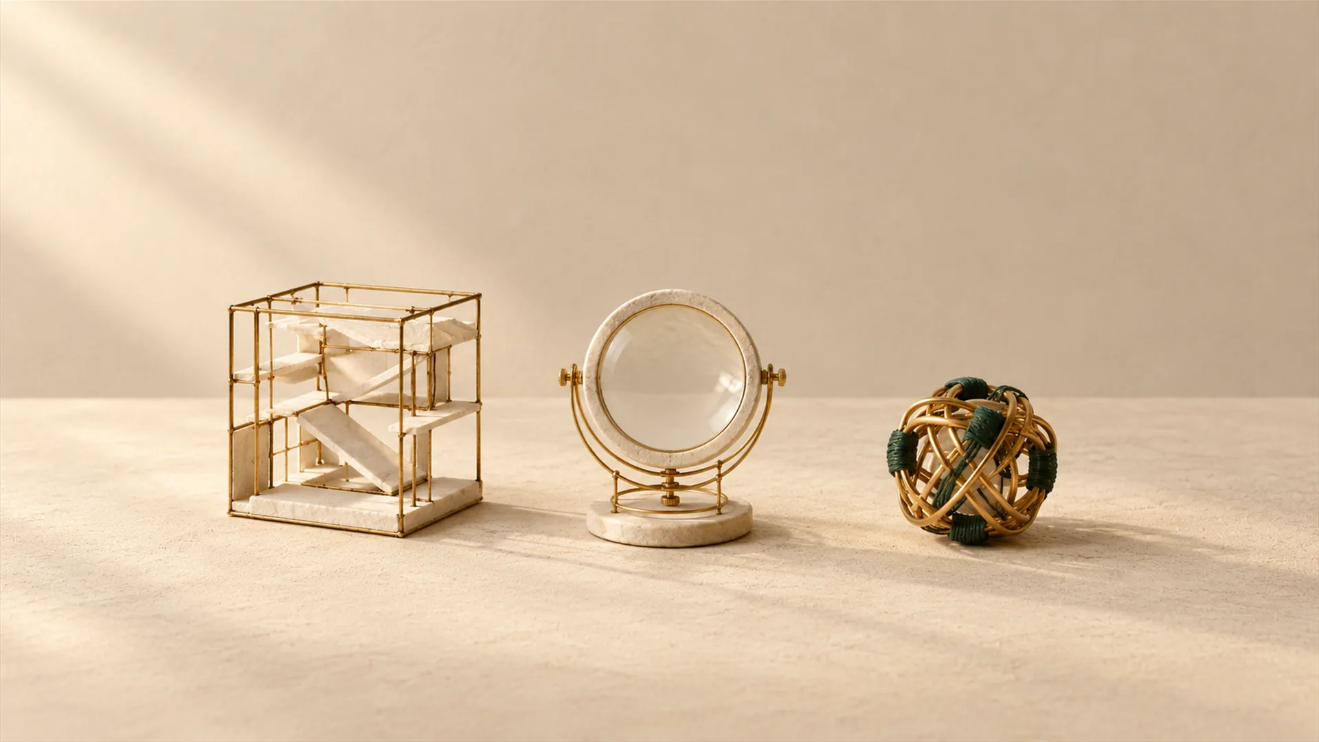 Three objects on one review table: a woven operating frame, an inspection lens on a stand, and a small knot of gold and green thread. One for each way of working together.