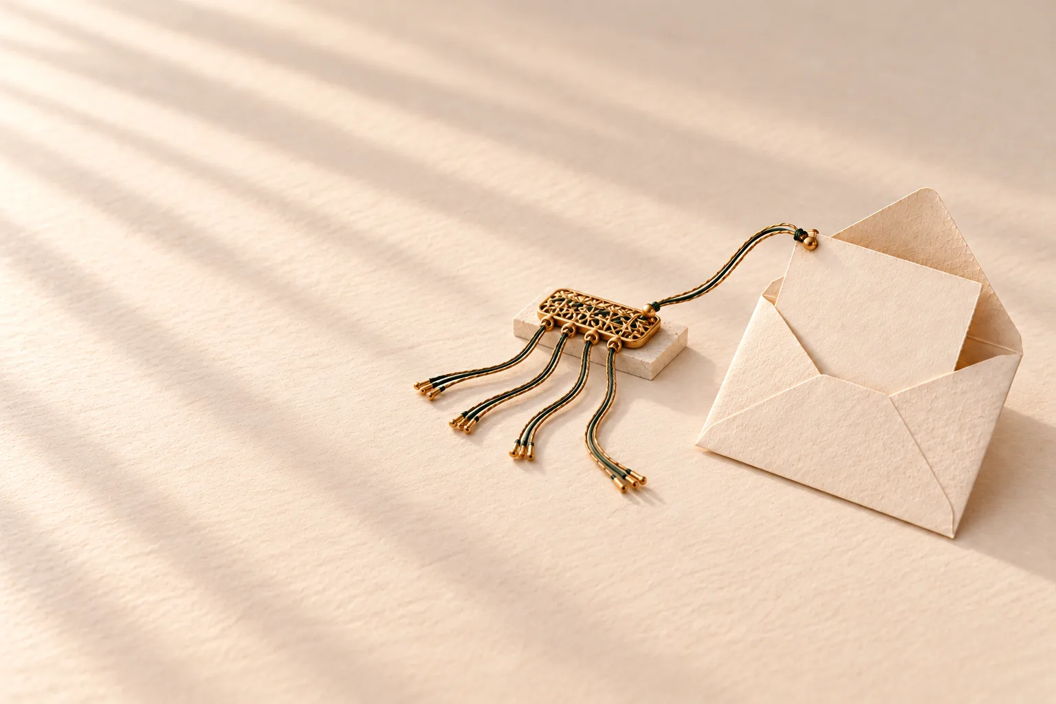 A blank card drawn out of an open paper envelope, tied by one thread to a small woven hub with four short routes leading away from it.