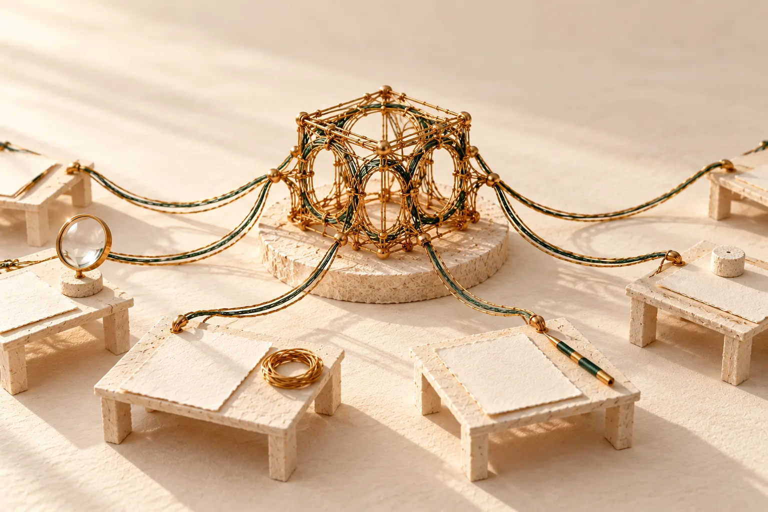 Small ivory workstations, each with a blank review sheet, arranged around one shared woven system model and joined to it by gold and green thread.