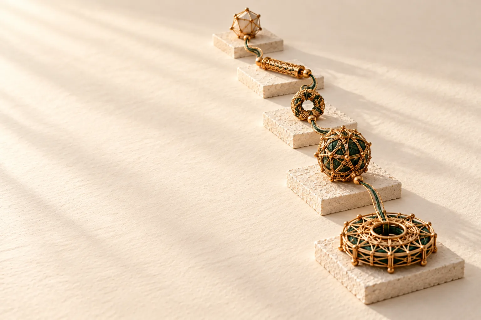 A finished woven assembly taken apart into five pieces, each on its own stone tile, laid out in the order they fit together and joined by one thread.