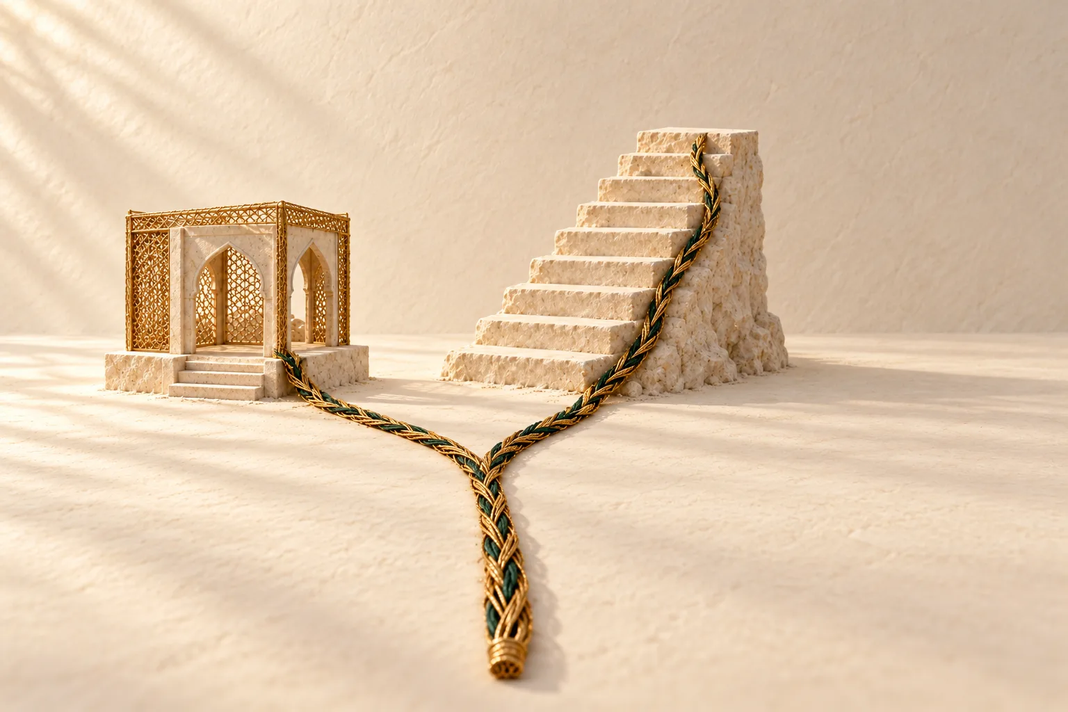 A woven gold and green strand that divides into two paths: one towards a small limestone pavilion with pointed arches and a gold lattice, and one up an open flight of limestone steps.