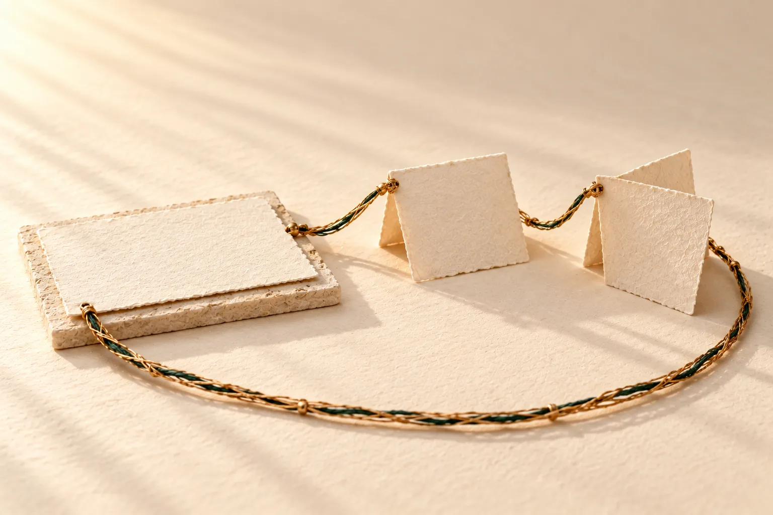 A blank planning sheet, then two practice cards folded in different ways, joined in sequence by one thread that curves back to the plan.