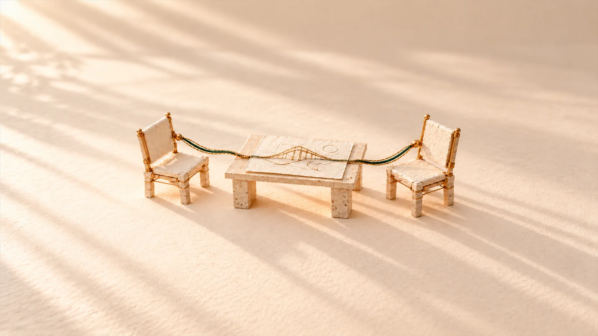 Two empty chairs facing each other across a small table, joined by one gold and green thread that runs across a shared project sketch between them.