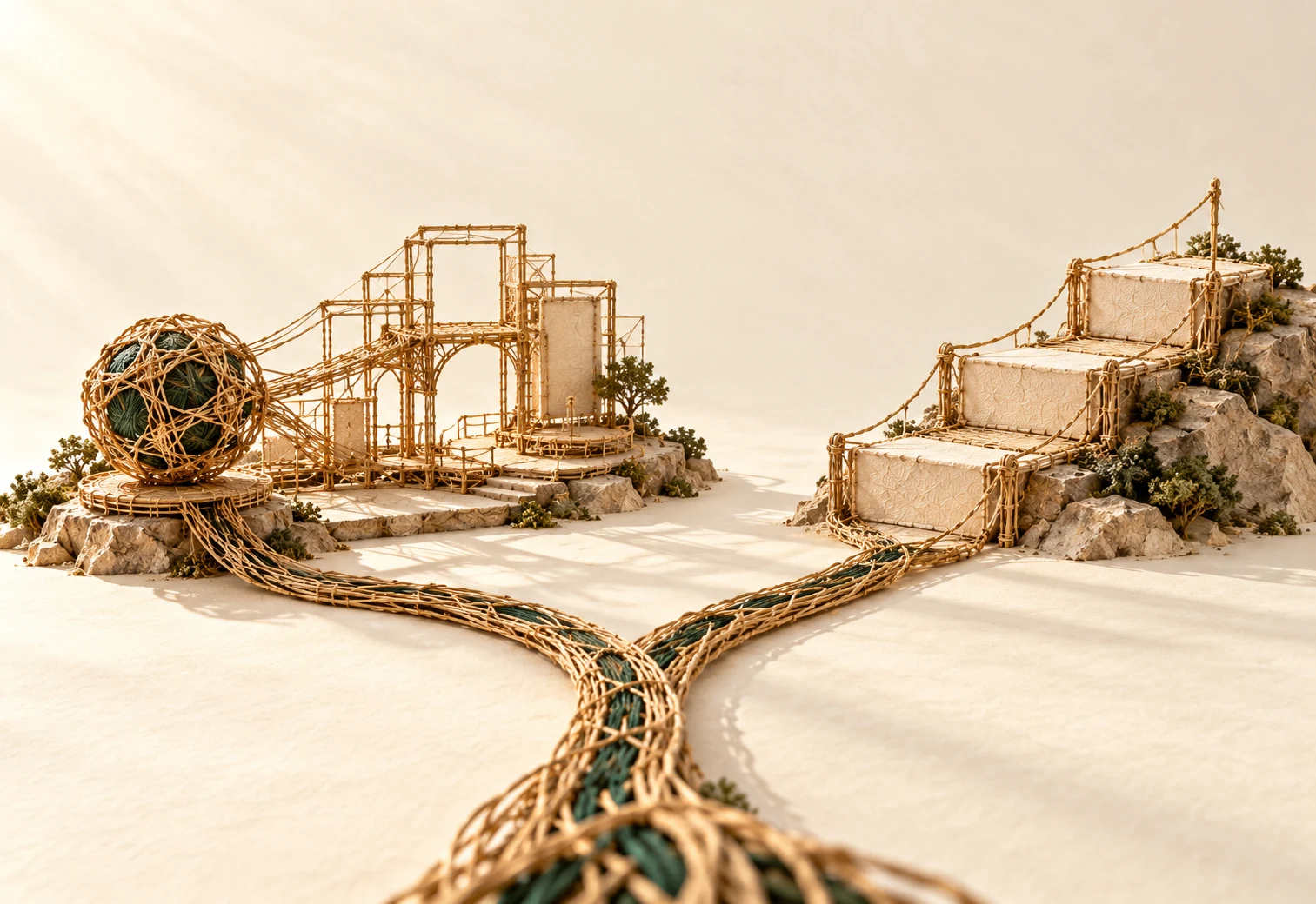 A woven gold and green strand that divides into two paths: one towards a bounded, built structure and one towards an open set of steps.