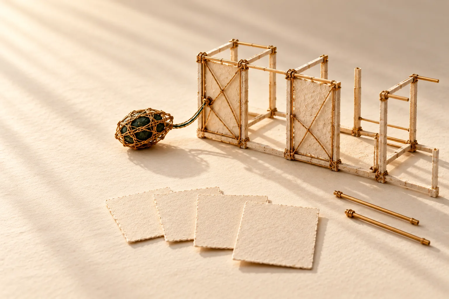 A partly built frame on a work bench: some bays braced, others bare, two loose struts waiting beside it, a small woven agent tied to it by one thread, and four blank evidence cards in front.