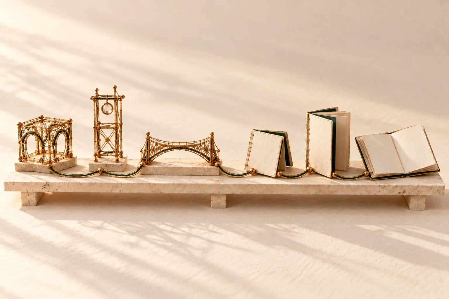 A long ivory shelf holding three woven gold models of structures on one side and three blank paper folios on the other, joined by one continuous gold and green thread.