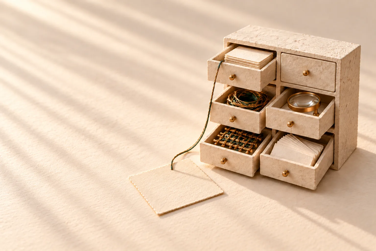 A small stone cabinet of open drawers, each holding a different kind of working material: blank worksheets, a coil of wire, a lens, a woven test piece, blank cards. One sheet has been taken out on a thread.