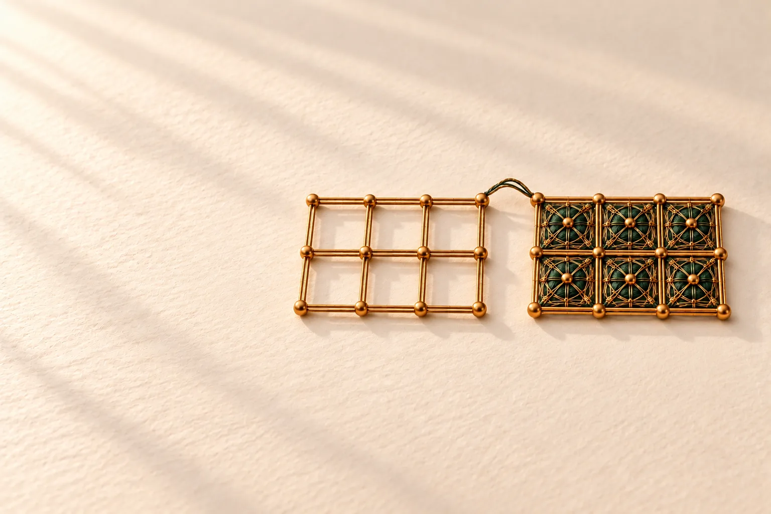 Two identical woven frames of six compartments side by side, one empty and one filled, joined at a corner by one thread: the same structure, blank and completed.