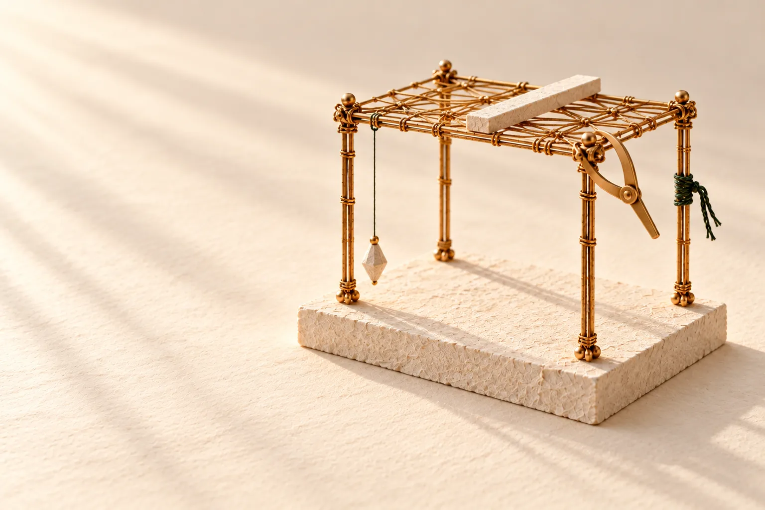 A small woven frame on a stone plinth, checked with simple instruments: a plumb line beside one support, a caliper on one joint, a straightedge across the top. A green thread marks one support for a closer look.