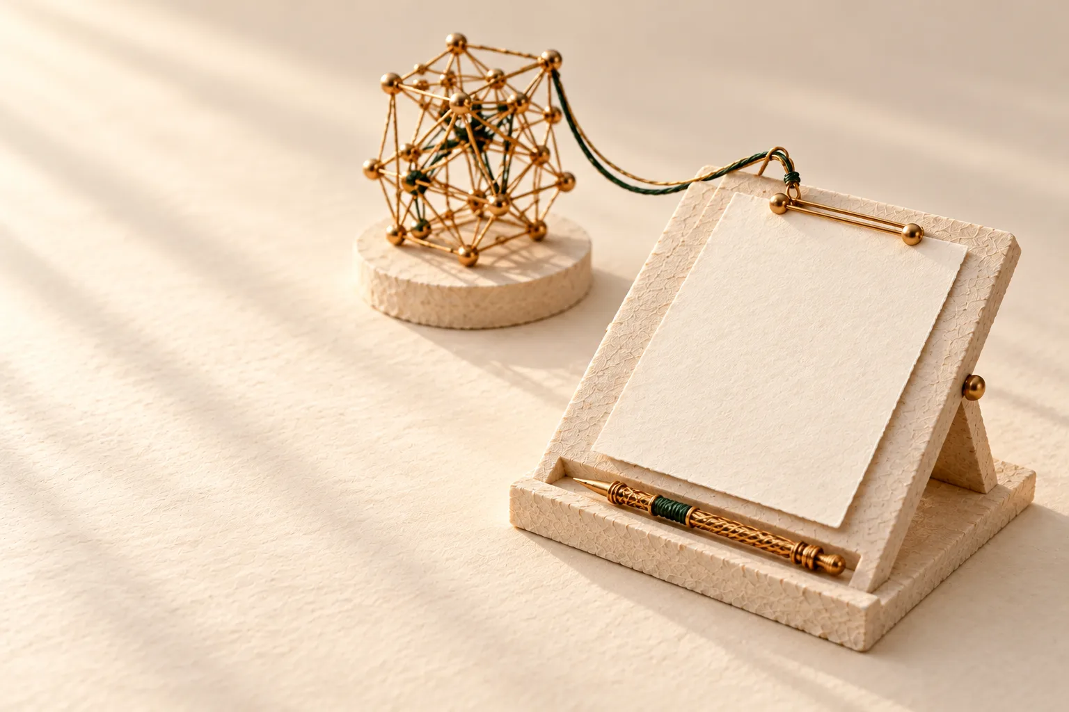 A blank sheet clipped to a small stone writing slope, a pen in its groove, tied by one thread to the woven system model beside it.
